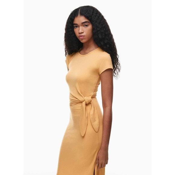 Wilfred Aritzia Fortune Side Tie Midi Dress Apricot Yellow Short Sleeve Slit Med - Picture 3 of 16